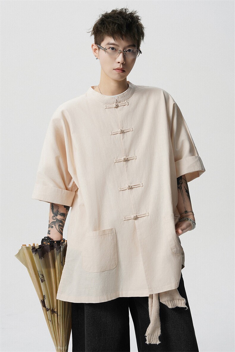 8XL-M新中式衬衫男中山装麻棉风复古中袖衬衣唐装CS527P60,男装衬衫,电商D206-1
