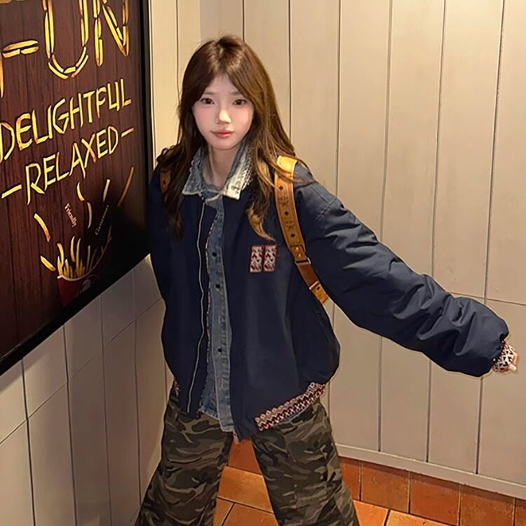美式棉服女2024新款复古提花拼接加厚夹棉宽松情侣棒球服夹克外套,男装夹克,星座506A