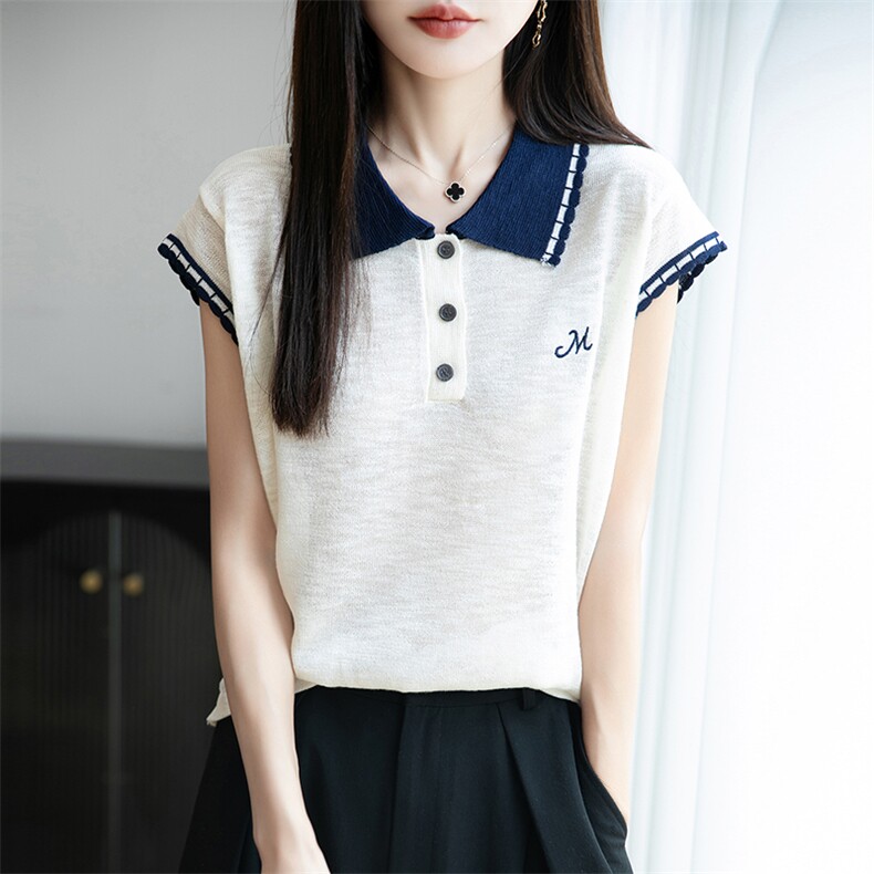 撞色翻领冰麻针织小飞袖T恤女2025夏薄Polo领上衣显瘦短袖t恤衫潮,女装T恤,菲奥羊绒