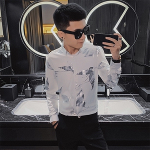 秋季长袖衬衫社会小伙亮色印花发型师个性潮男衬衣C301B-CS36图片