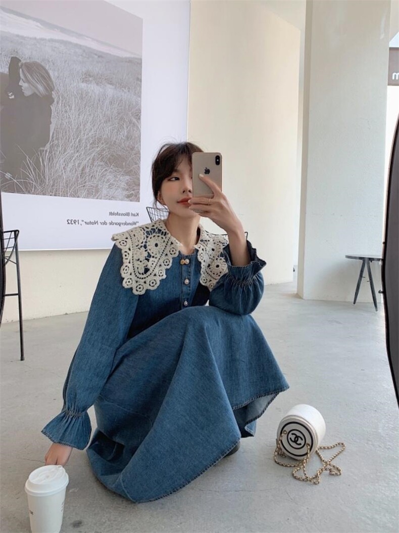 蕾丝花边领子连衣长裙，其它，肆尔