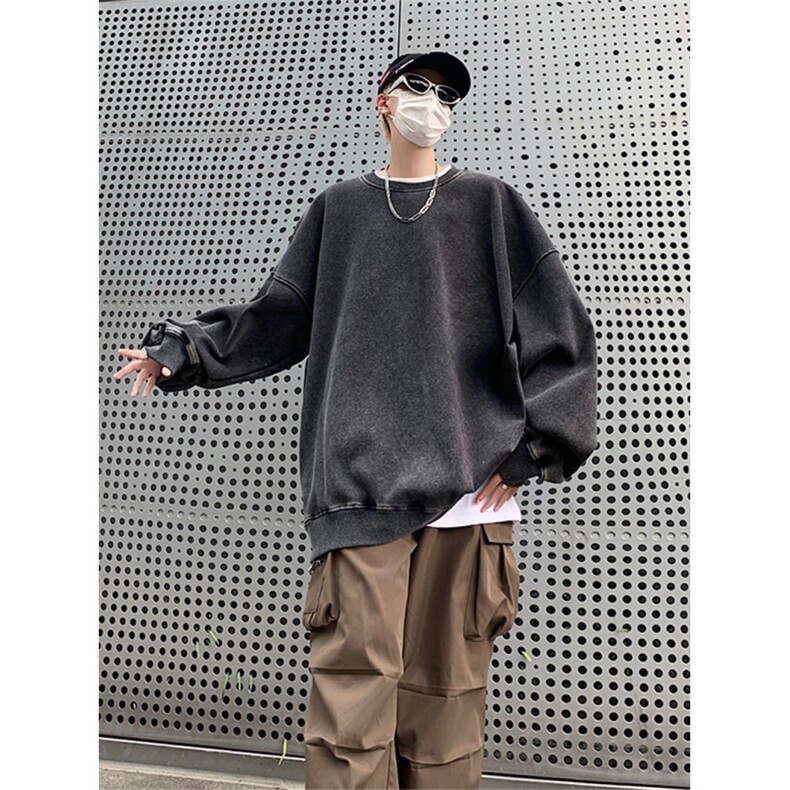 得物抖音高品质二开380克重磅做旧炒雪花纯色圆领水洗卫衣CM15，男装卫衣，电商A486