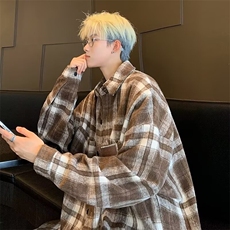 SS34撞色洋气格子磨毛衬衫外套男女新款韩版中长款中性开衫上衣，男装衬衫，星座308A-1（原309B-1）
