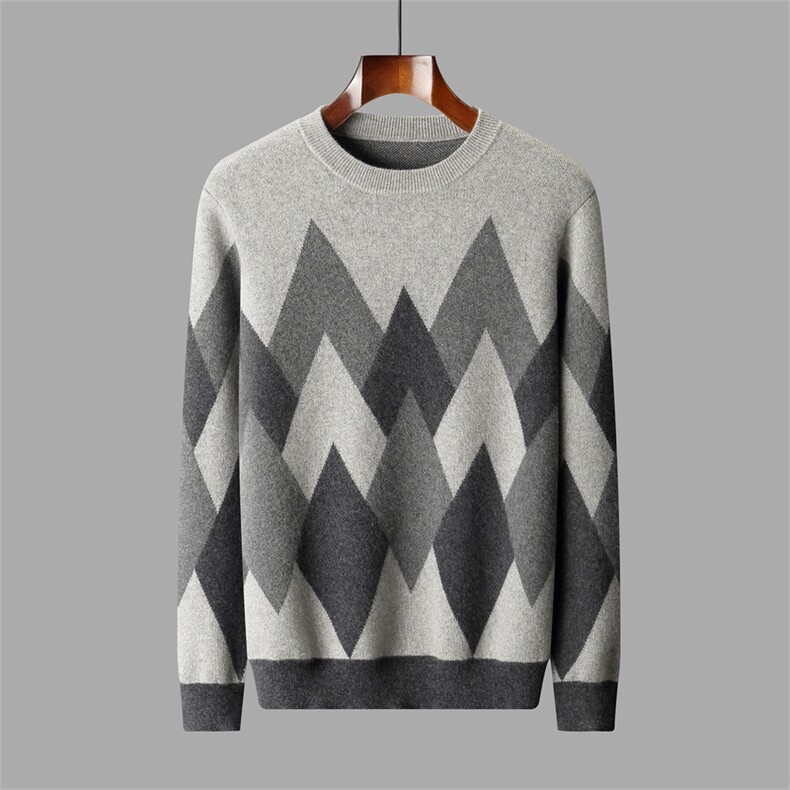 2025秋冬百搭时尚简约圆领芝麻点菱形提花针织衫，男装羊绒套衫，盛欣羊绒