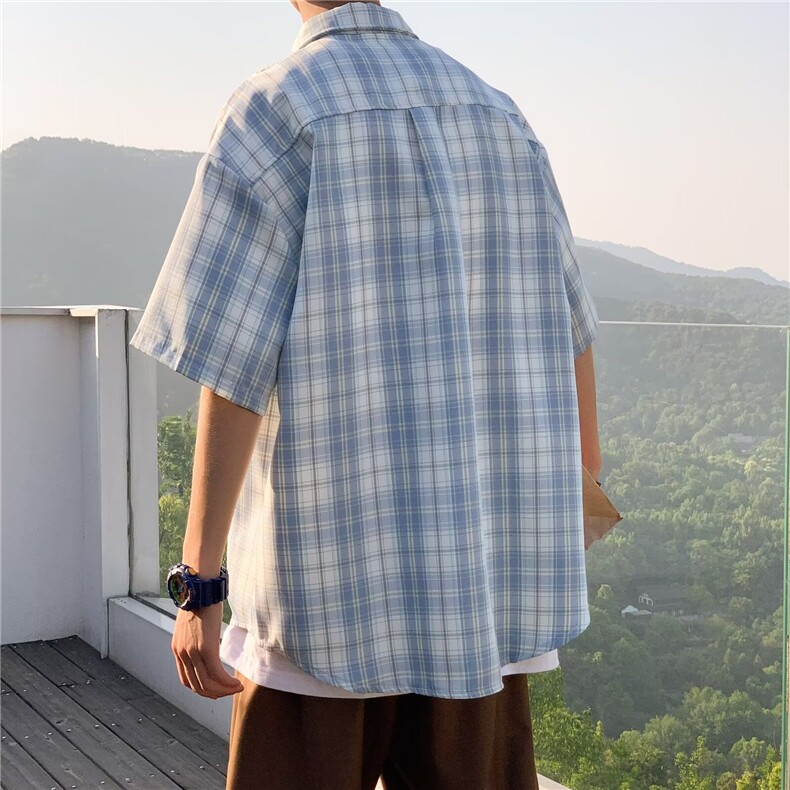 2025新款夏季短袖格子衬衫男士宽松五分袖C1097P25,男装T恤,星座1108