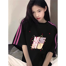 抖音得物品质二开240克宽松纯棉美式潮牌印花三条杠中性风短袖T恤，男装T恤，电商A486