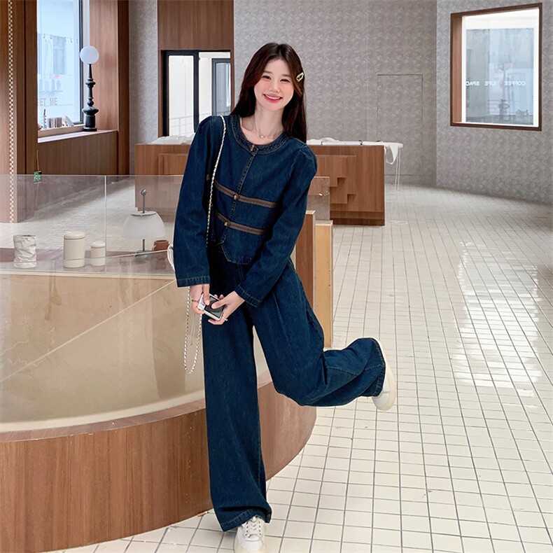 时尚显瘦牛仔套装女长裤2024新款韩版宽松百搭休闲两件套，女装套装/套裙，秋水欣儿