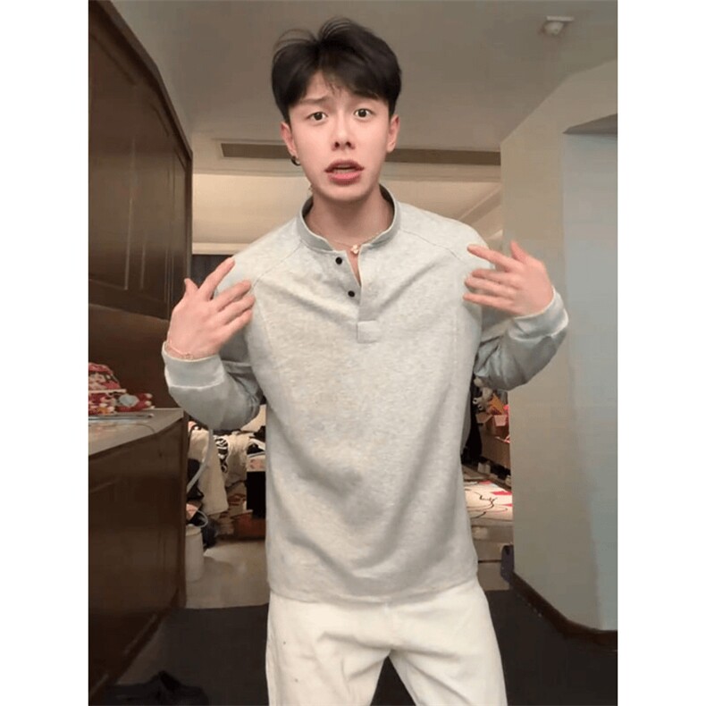 抖音得物品质美式高街重磅曼巴棉拼接cleanfit亨利领卫衣长袖T恤,男装T恤,电商A486-1