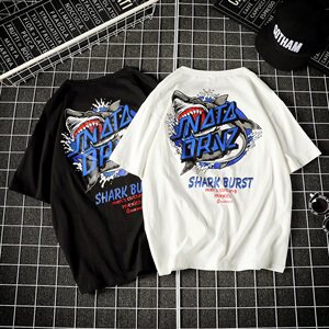 2021春夏新款日系网格潮流韩版宽松鲨鱼印花休闲男装T恤T88-P35,男装T恤,电商A009A（原A058A）