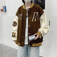 港风情侣毛呢拼皮外套棒球服夹克男日系复古潮宽松休闲W5017-P57，男装夹克，星座512-2