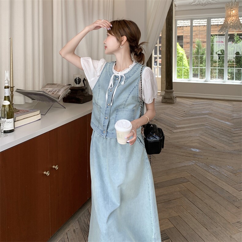 韩系休闲浅蓝色牛仔套装裙女2025夏新款显瘦马甲T恤半身裙三件套,女装套装/套裙,2C266