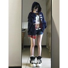 假两件拼接格纹连帽卫衣加绒男女宽松bf中性风情侣开衫外套WK32，男装卫衣，星座1116A（原606A-3）