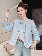 新中式国风外套女春秋2025新款高端洋气时尚刺绣缎面盘扣立领上衣，女装短外套，伊仟回