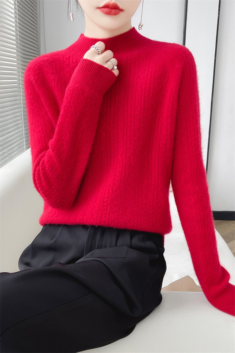 2024秋季新款半高领麻花纹长袖短款羊毛套头衫休闲百搭,女装羊毛衫,美轩羊绒