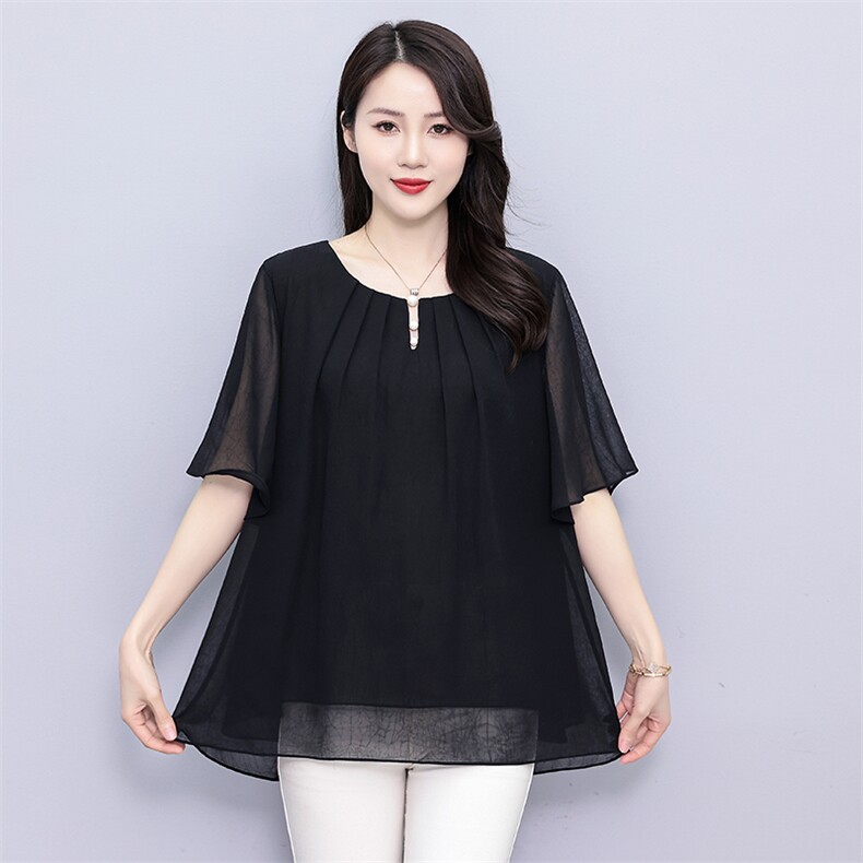 （现货）加肥加大宽松雪纺衫女2025夏季遮肚显瘦上衣胖MM洋气小衫，女装蕾丝衫/雪纺衫，深妍伊美