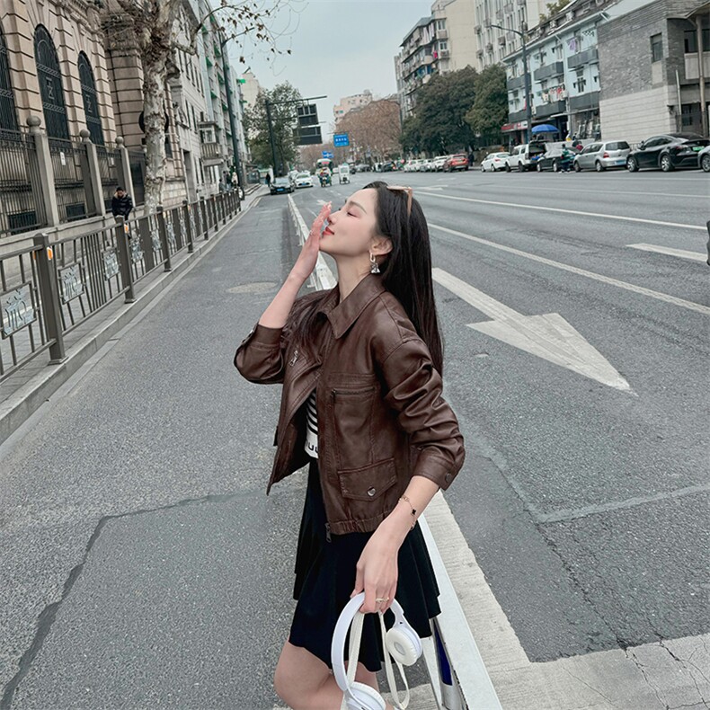 网红同款欧货新款复古泫雅风甜酷独特小众时尚皮外套女2024年春季,女装皮衣,江南女神