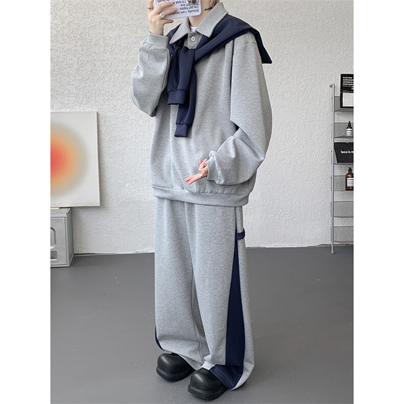 5XL-M潮流高级感披肩撞色拼接翻领百搭卫衣宽松弯刀长裤TZ113P118，男装休闲套装，电商D206-1