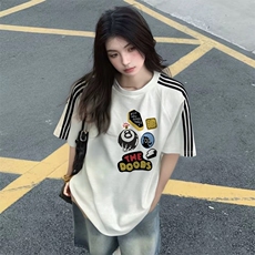 抖音得物品质二开240克宽松纯棉美式潮牌印花三条杠中性风短袖T恤，男装T恤，电商A486