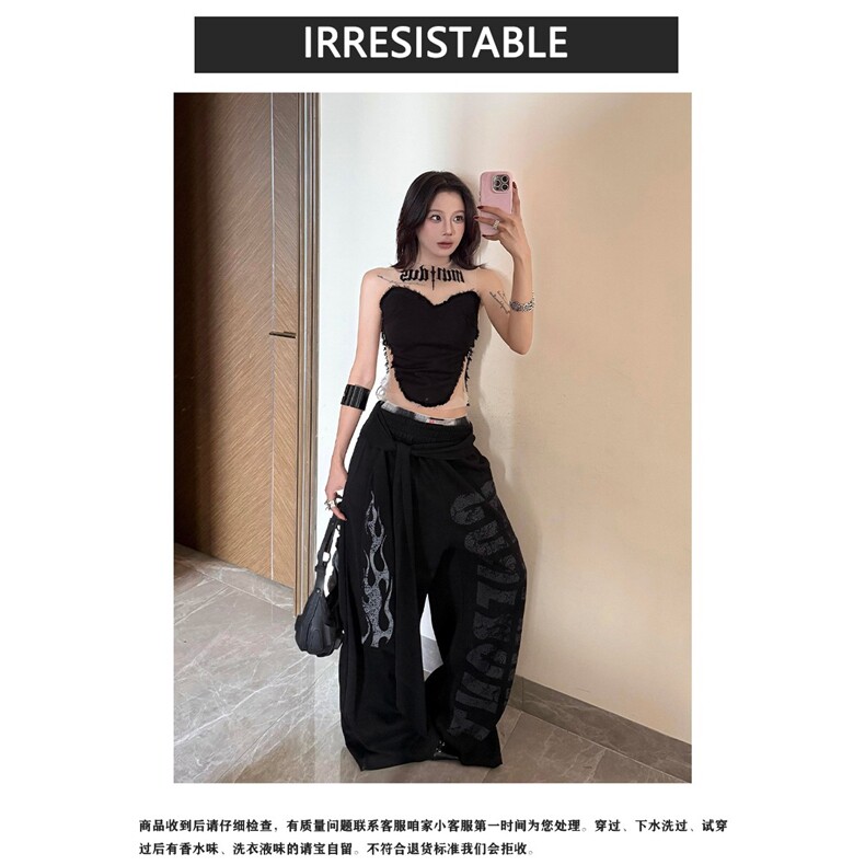 美式复古小众字母火焰飘带休闲卫裤街头设计感宽松休闲直筒阔腿裤,女装休闲裤,星座1210-1