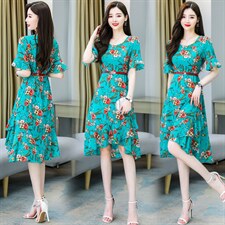 2021新款女气质显瘦法式高腰V领复古仙碎花松紧腰连衣裙送腰带，女装连衣裙，丽美静依