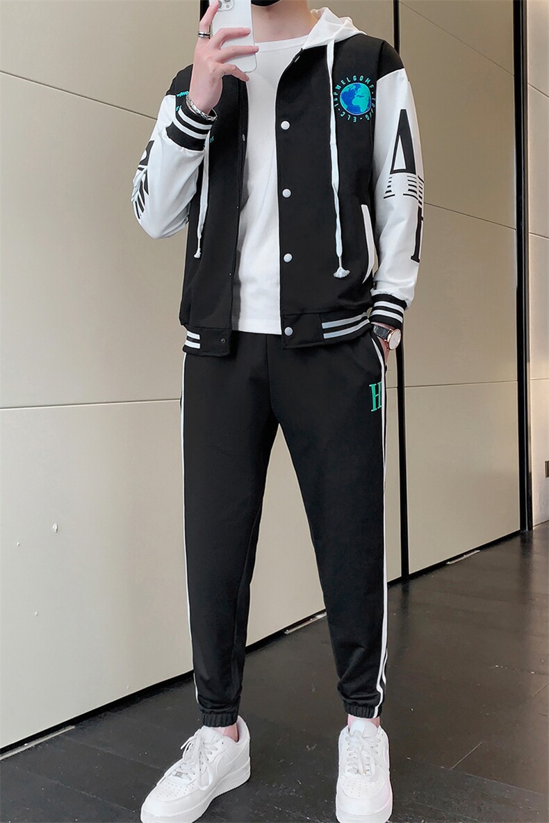 2023春季男士宽松开衫棒球服连帽休闲两件套卫衣套装男DF316TP70,男装休闲套装,电商A086