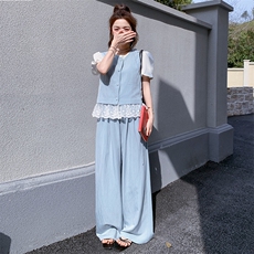 小香风蕾丝拼接马甲休闲裤套装女夏2025新款减龄韩系巨好看两件套，女装套装/套裙，2C260