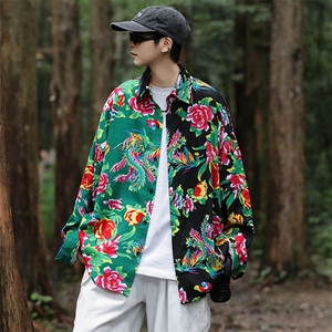 PC203秋装休闲东北大花拼接长袖衬衫外套男女宽松寸衣汉服演出服图片