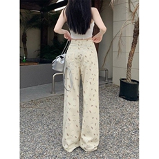 米白色高腰休闲休闲裤子长裤直筒牛仔裤女装牛仔裤NZK3121-P58，女装休闲裤，星座302B-2