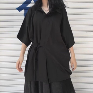暗黑日系短袖衬衫男女绑带设计宽松大码七分袖外套2025夏季新款图片