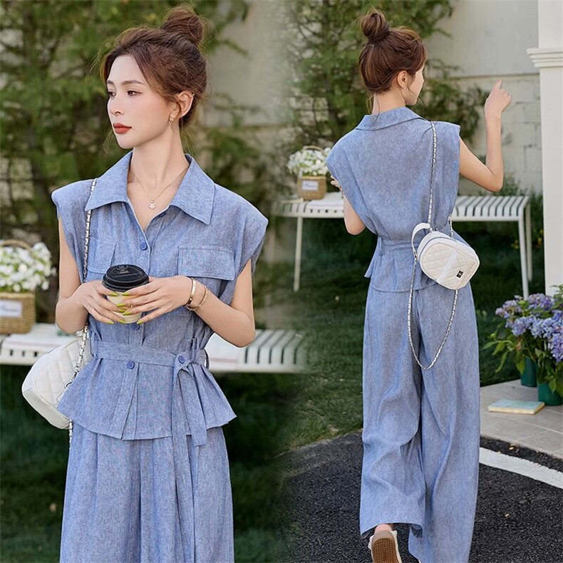 现货无袖上衣阔腿裤套装女早秋2025新款小个子炸街高级感两件套，女装套装/套裙，艾仟回(原伊仟回)