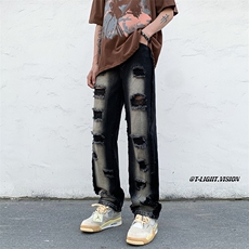 B221美式ins高街暗黑小众毛边破洞直筒牛仔裤LK23107-P65控88，男装牛仔裤，电商B221