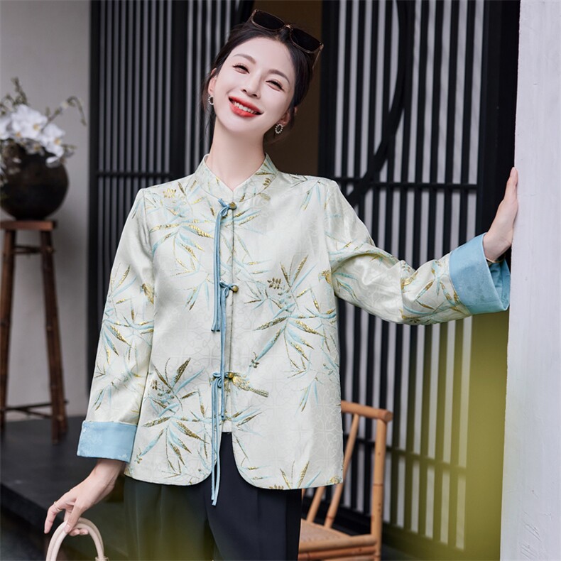 清冷风竹叶印花复古短外套女新中式立领流苏盘扣改良气质上衣,女装短外套,水衣源