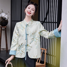清冷风竹叶印花复古短外套女新中式立领流苏盘扣改良气质上衣，女装短外套，水衣源