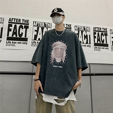 港风新款夏季纯棉印花水洗短袖宽松百搭T恤圆领T61015P45控58，男装T恤，电商A268A