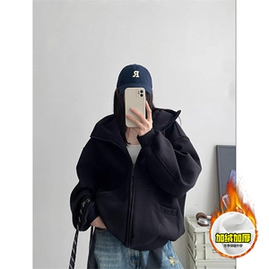 480G重磅加绒硬挺boxy 男女秋冬美式高街防风高领卫衣开衫厚外套图片