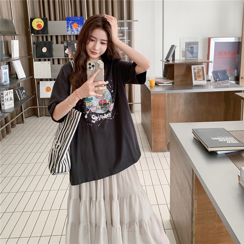 休闲运动卡通T恤半身裙套装女夏2025新款超火减龄穿搭韩系两件套,女装套装/套裙,2C176