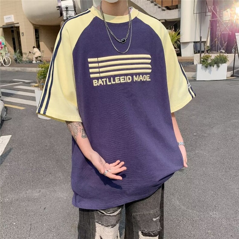 美式复古拼色条纹短袖T恤男女潮宽松百搭情侣款半袖上衣,男装T恤,星座410-7