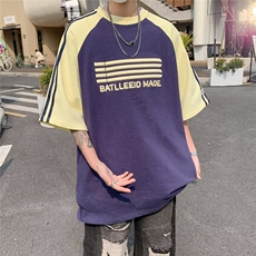 美式复古拼色条纹短袖T恤男女潮宽松百搭情侣款半袖上衣，男装T恤，星座410-7