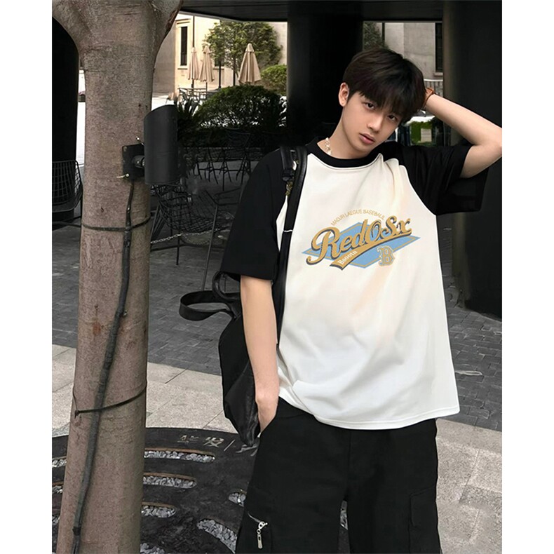 抖音得物高品质二开240克宽松纯棉美式潮牌插肩袖拼接短袖T恤，男装T恤，电商A486-1