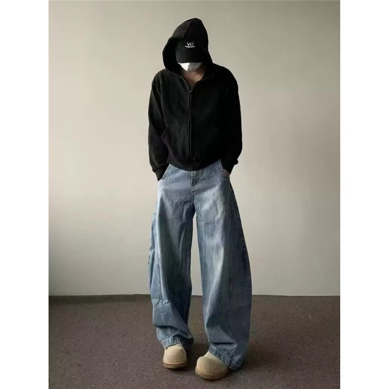 美式复古水洗做旧擦色弯刀工装牛仔裤男高街宽松休闲阔腿直筒裤子,男装牛仔裤,星座506A