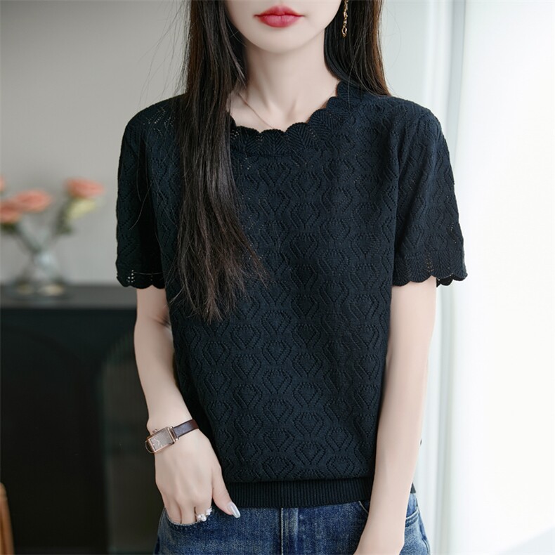 圆领镂空针织短袖T恤女2025夏新款纯棉显瘦百搭纯色打底衫上衣新，女装T恤，彩羽羊绒