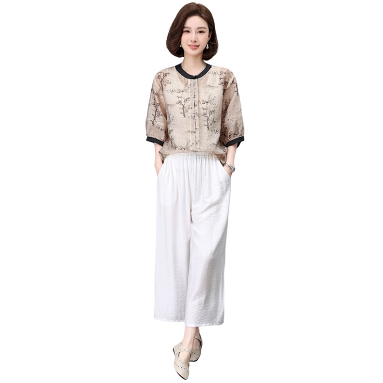 新中式国风棉麻套装女2025夏季新款高端气质苎麻衬衫阔腿裤两件套,女装套装/套裙,鑫鑫格