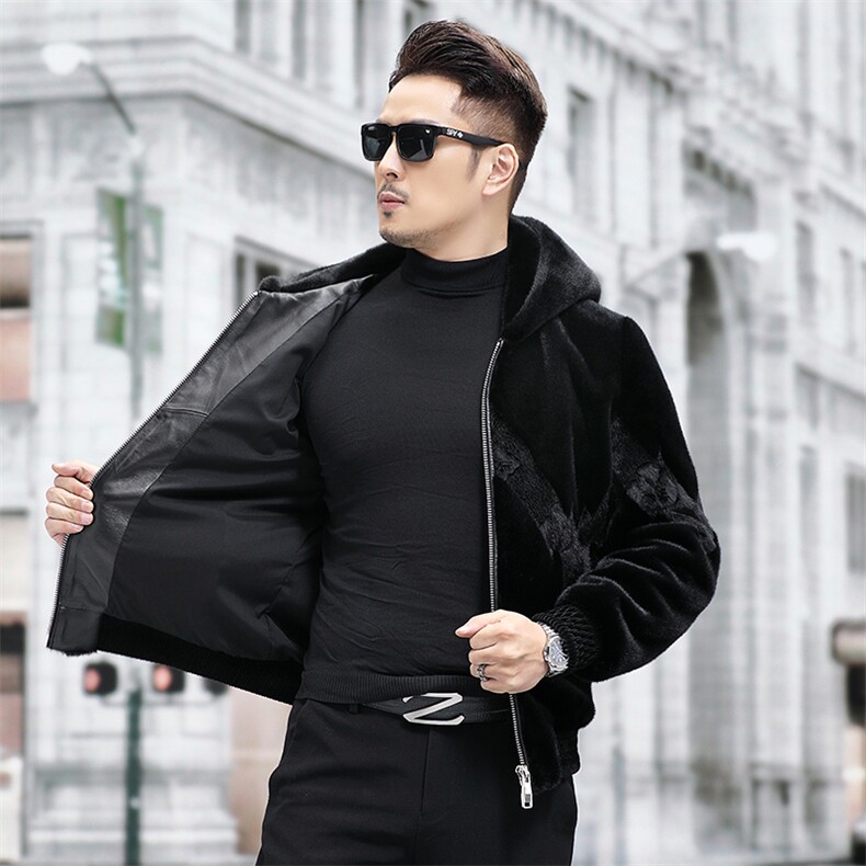 雪兰貂绒连帽外套男士冬季新款休闲时尚短款金貂绒夹克爸爸装,男装皮衣,钱塘723