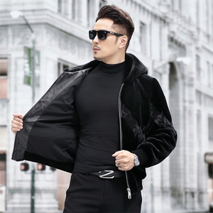 雪兰貂绒连帽外套男士冬季新款休闲时尚短款金貂绒夹克爸爸装图片