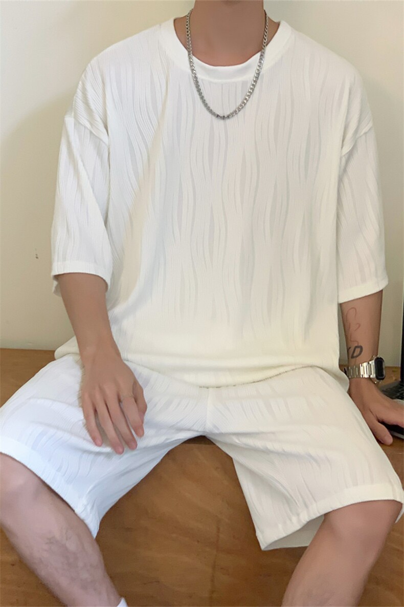 TZ65859/P65高品质波浪冰丝垂感T恤短裤套装男宽松大码两件套控98，男装休闲套装，电商A141