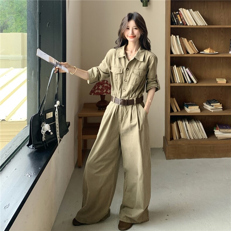 韩系卡其色工装气质连体裤女春秋2025新款显瘦今年流行爆款连衣裤，女装连体裤，2C133