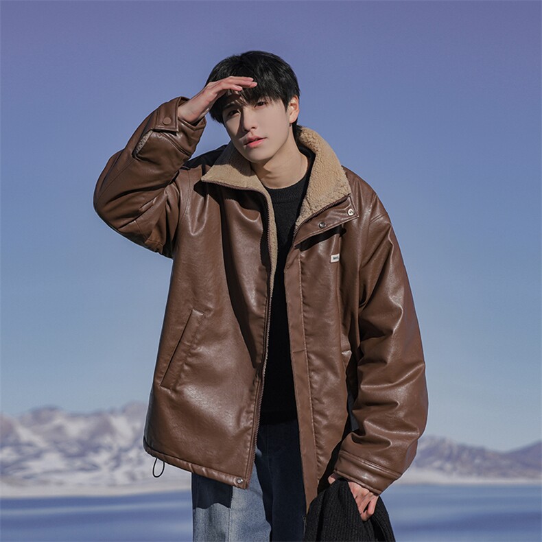 PU皮棉衣外套男冬季羊羔毛加绒加厚美式潮牌棉服外套P110X188,男装棉衣,星座803