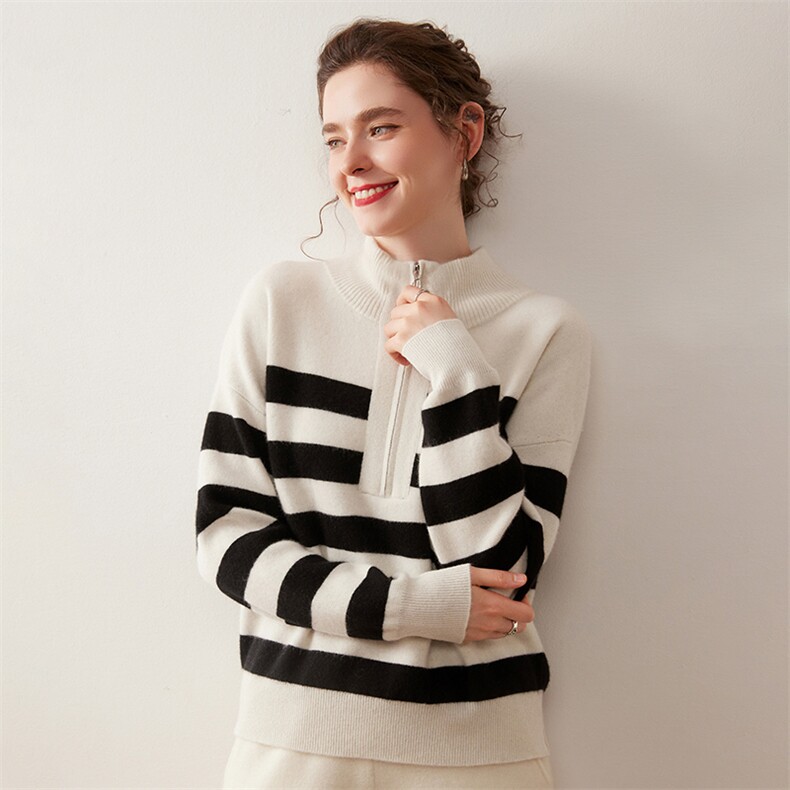 宽松条纹保暖山羊绒衫半拉链慵懒撞色毛衣2025秋冬新款针织羊毛衫，女装针织衫/毛衣，绒盛美羊绒