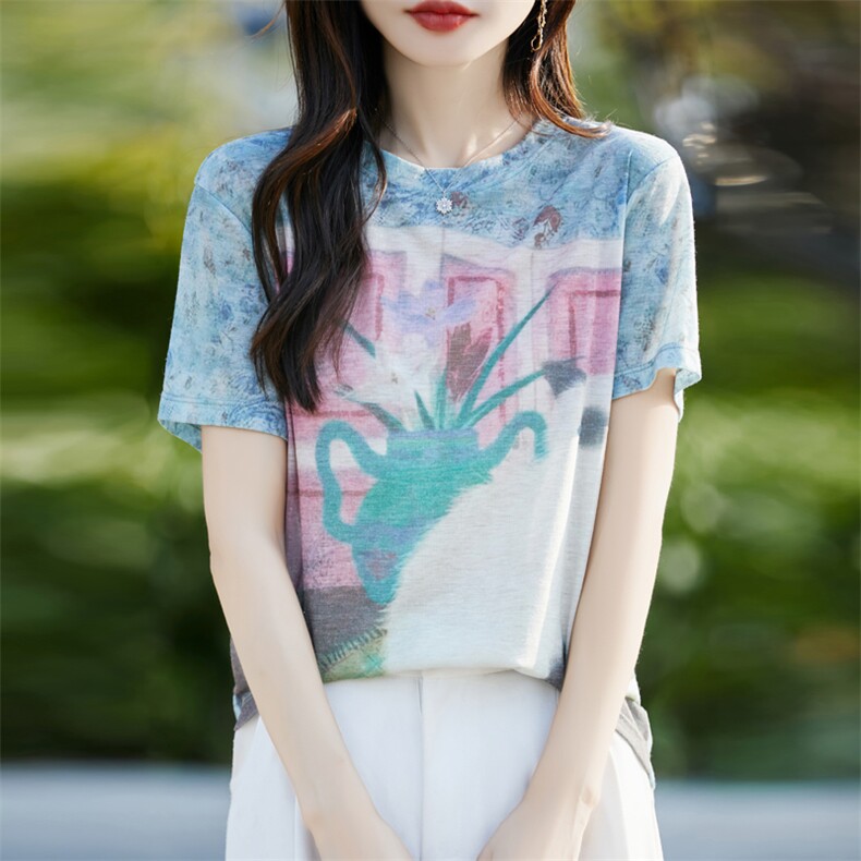 复古印花冰丝针织短袖T恤女2025夏薄圆领宽松时尚洋气小衫上衣t恤,女装T恤,昭美羊绒