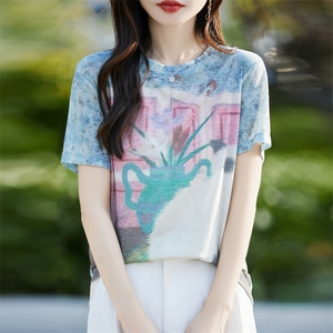复古印花冰丝针织短袖T恤女2025夏薄圆领宽松时尚洋气小衫上衣t恤图片